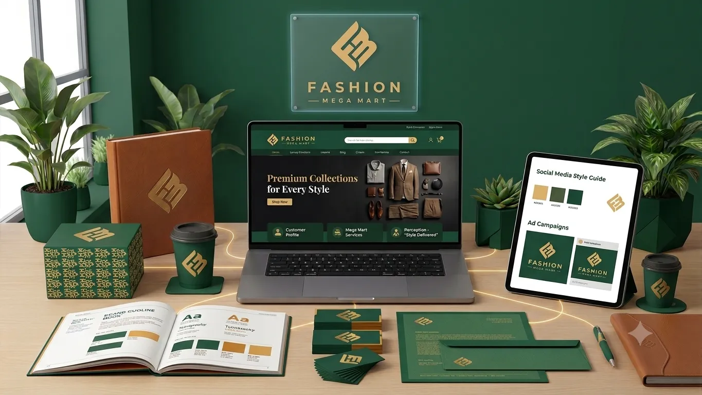 Pixel Crafters complete brand identity system mockup featuring PC logo, Gold and deep green color theme, laptop website design, stationery, packaging, and tablet presentation.