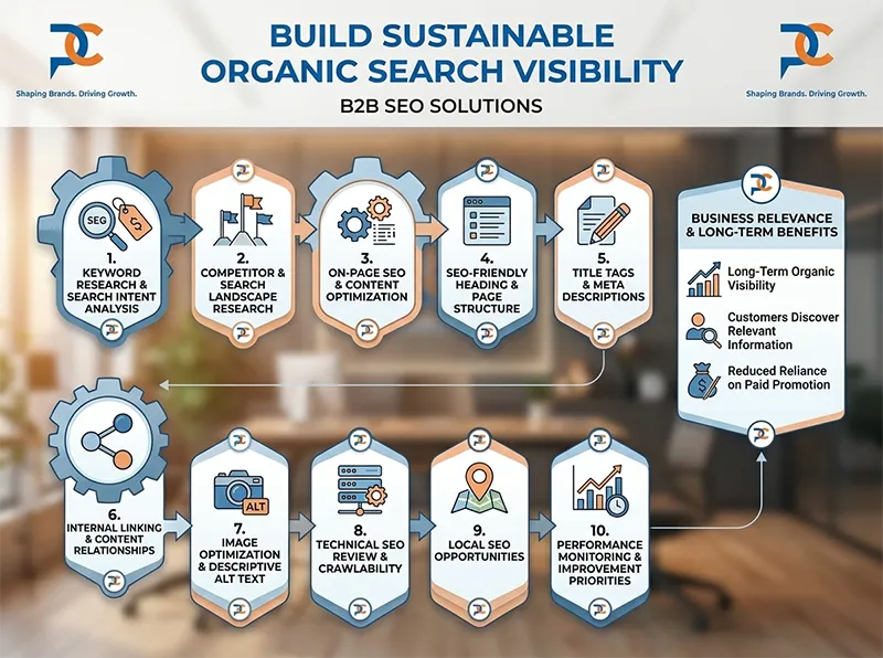 B2B SEO process infographic showing organic search visibility steps and keyword optimization for Pixel Crafters Noida