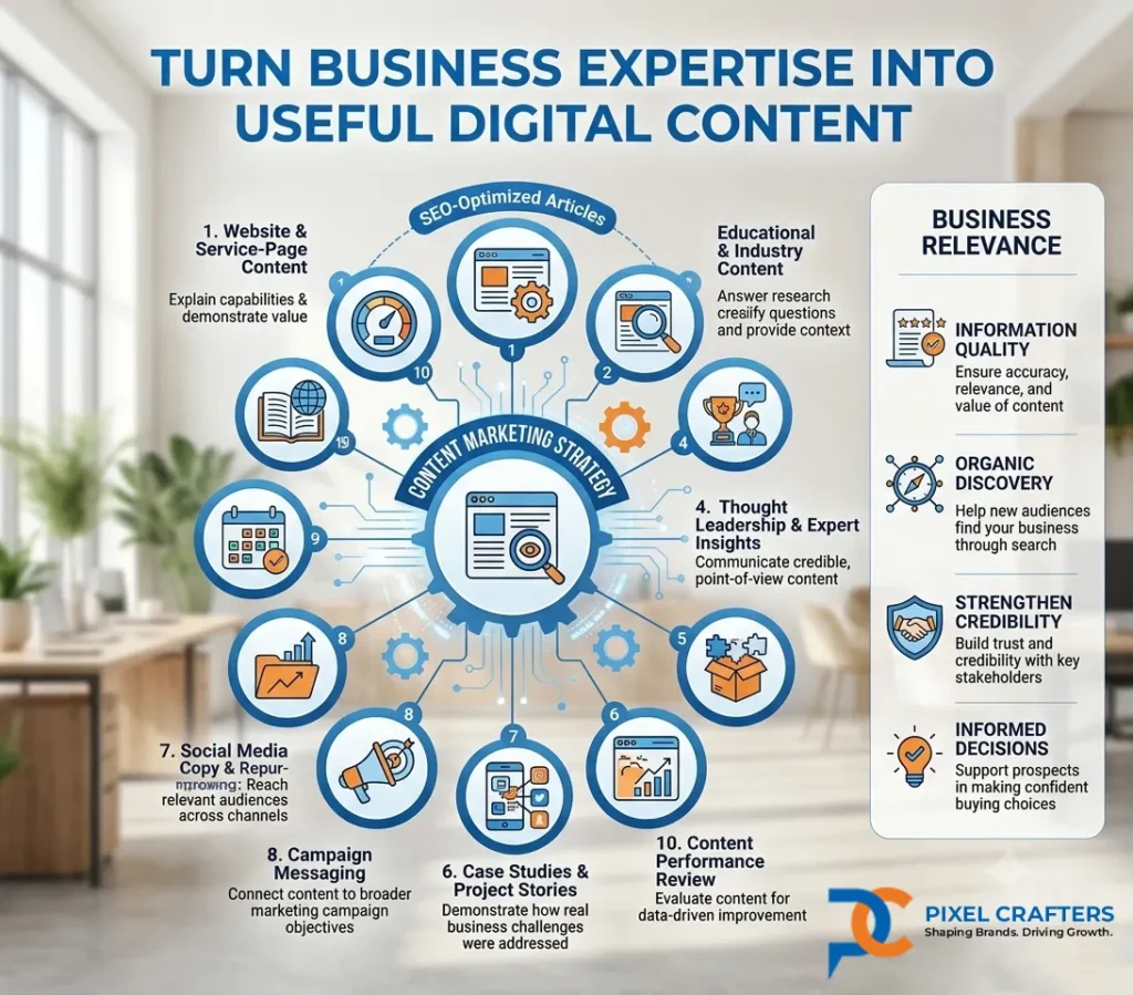 Content Marketing infographic illustrating expertise conversion, digital content planning, and structured B2B communication strategies for Pixel Crafters Noida