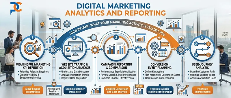 Digital Marketing Analytics and Reporting infographic showing KPI definition, traffic analysis, and conversion tracking for Pixel Crafters Noida