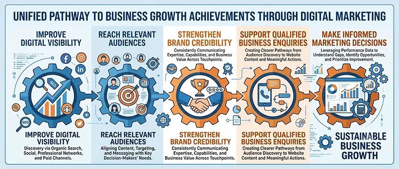 Infographic illustrating key digital marketing business achievements including digital visibility, brand credibility, and growth in Noida