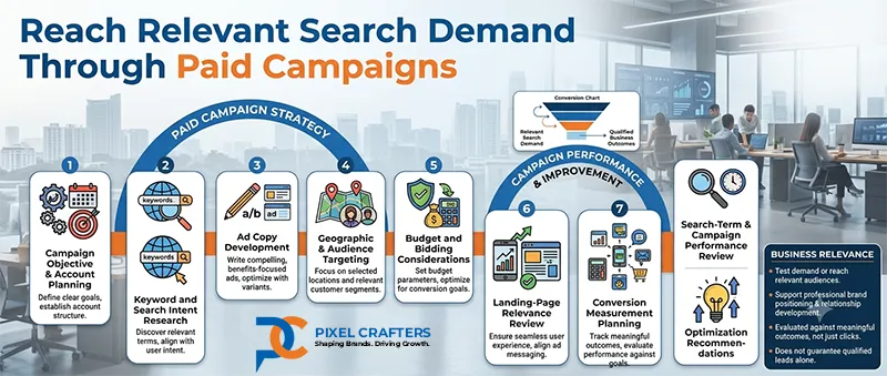 Google Ads and Paid Search Advertising infographic showing campaign planning, keyword research, targeting, and conversion strategies for Pixel Crafters Noida