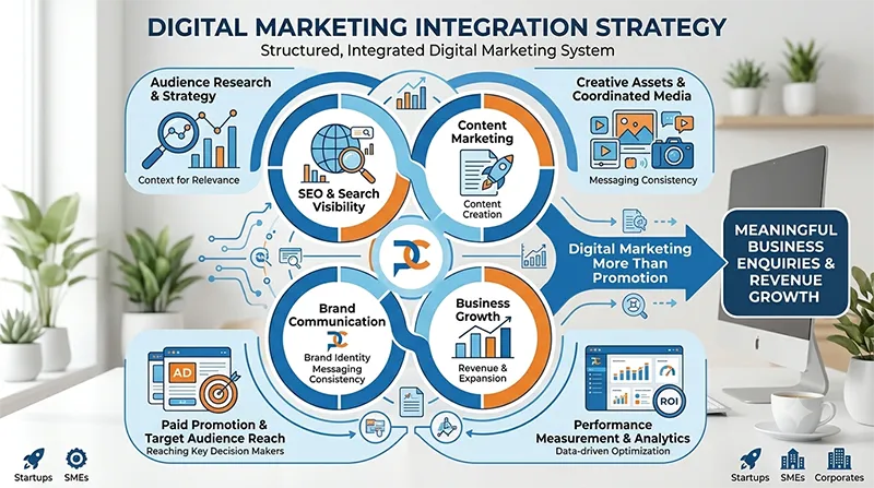 Integrated digital marketing strategy connecting audience research, search visibility, and business growth for B2B brands