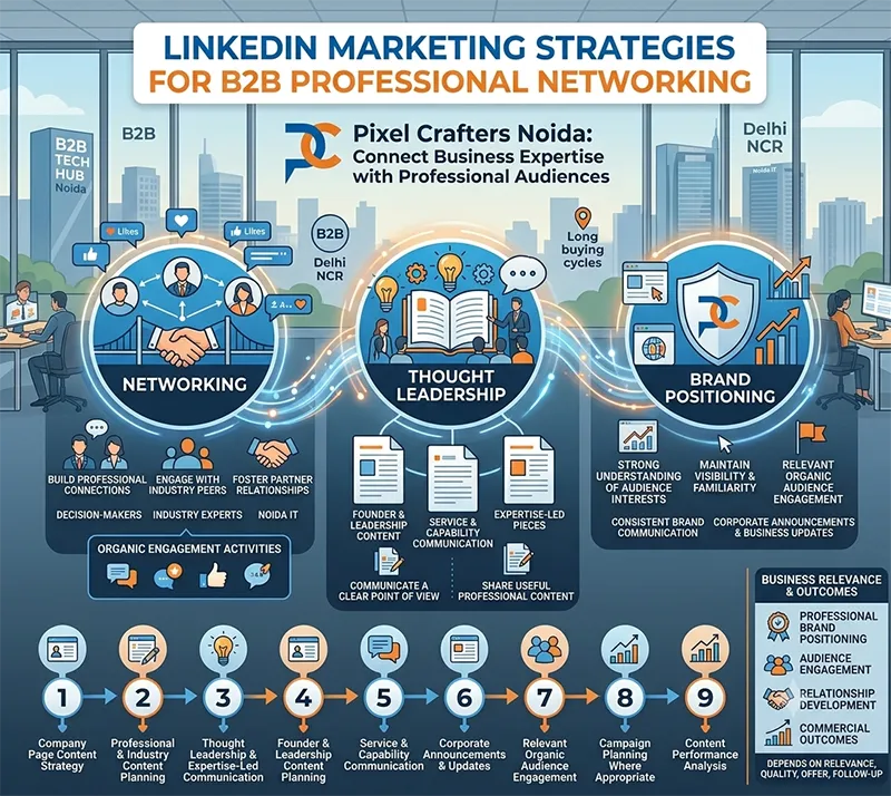 LinkedIn Marketing infographic showing B2B professional networking, thought leadership, and brand positioning strategies for Pixel Crafters Noida