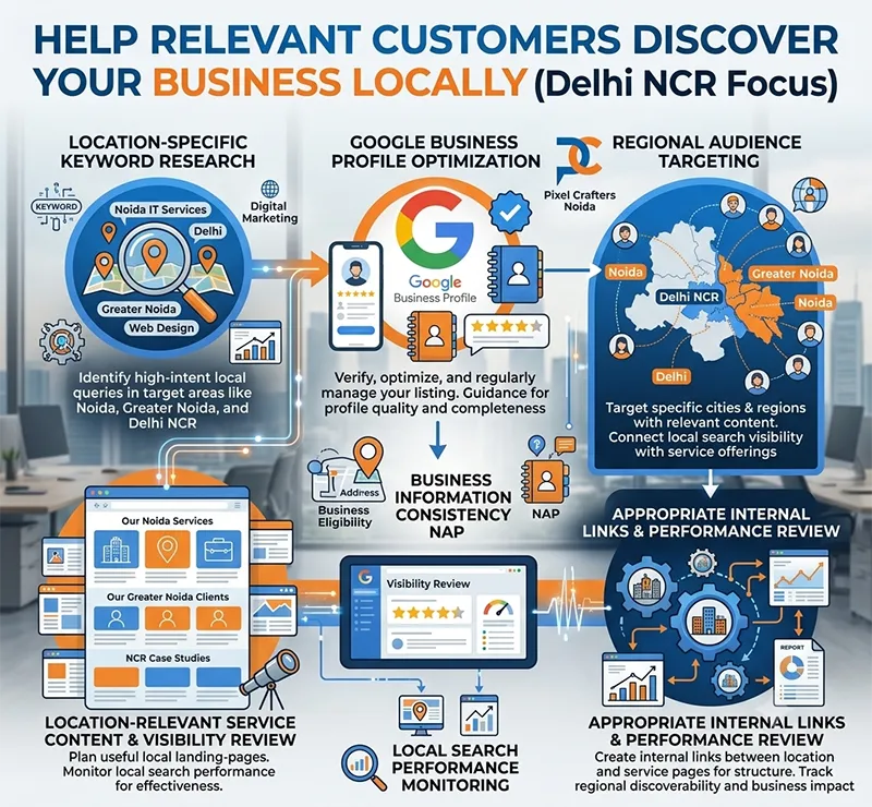 Local SEO and Location-Based Digital Visibility infographic for Pixel Crafters Noida showing local keyword research, Google Business Profile optimization, and regional audience targeting