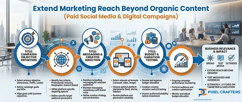 Paid Social Media Advertising infographic showing campaign planning, audience targeting, ad formats, and performance monitoring for Pixel Crafters Noida