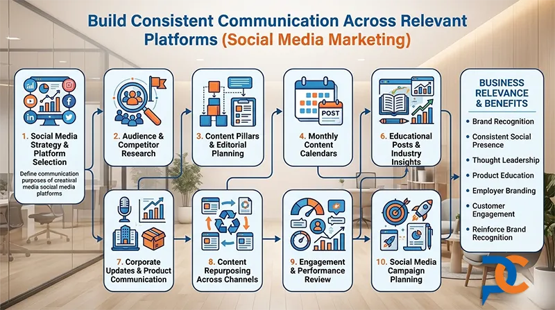 Social Media Marketing infographic showing strategy, consistent brand communication, and content planning modules for B2B businesses in Noida